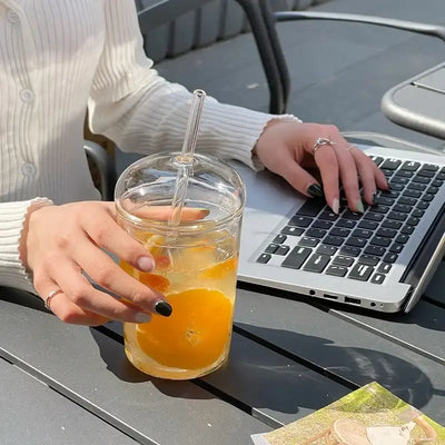 450ML Drinking Glasses with Dome Lids and Glass Straw