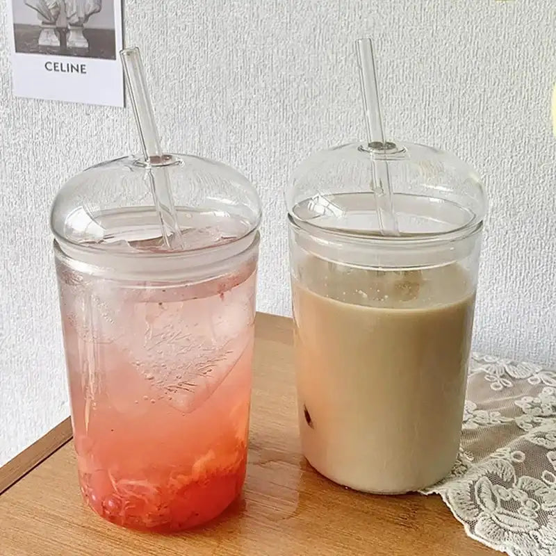 450ML Drinking Glasses with Dome Lids and Glass Straw