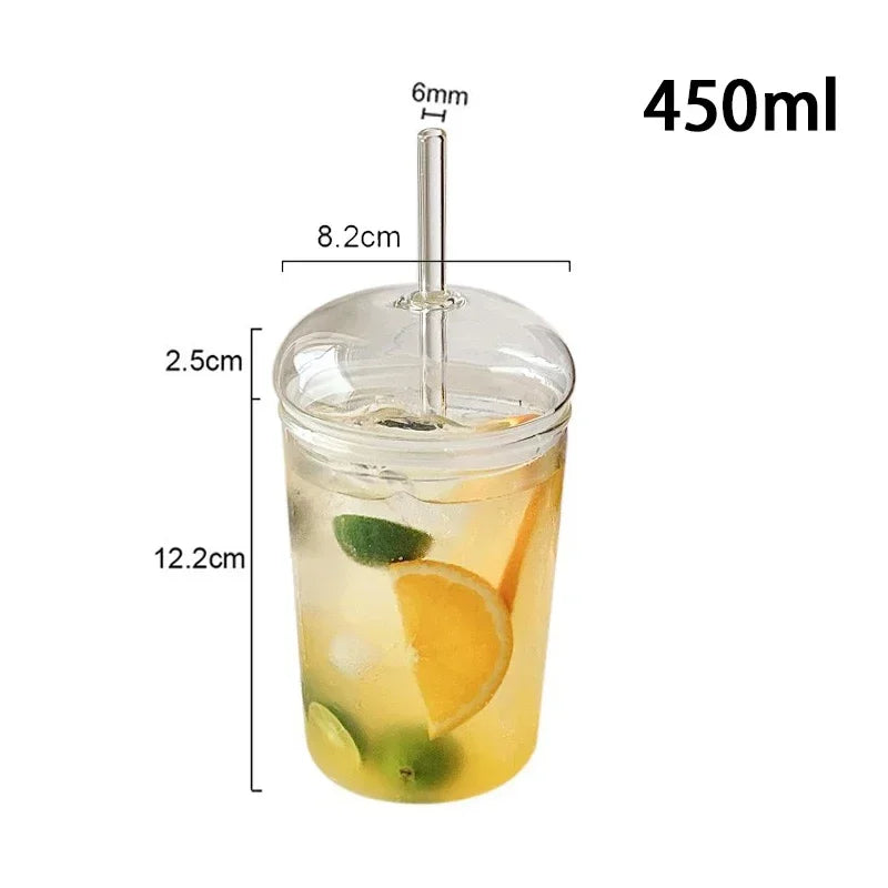 450ML Drinking Glasses with Dome Lids and Glass Straw
